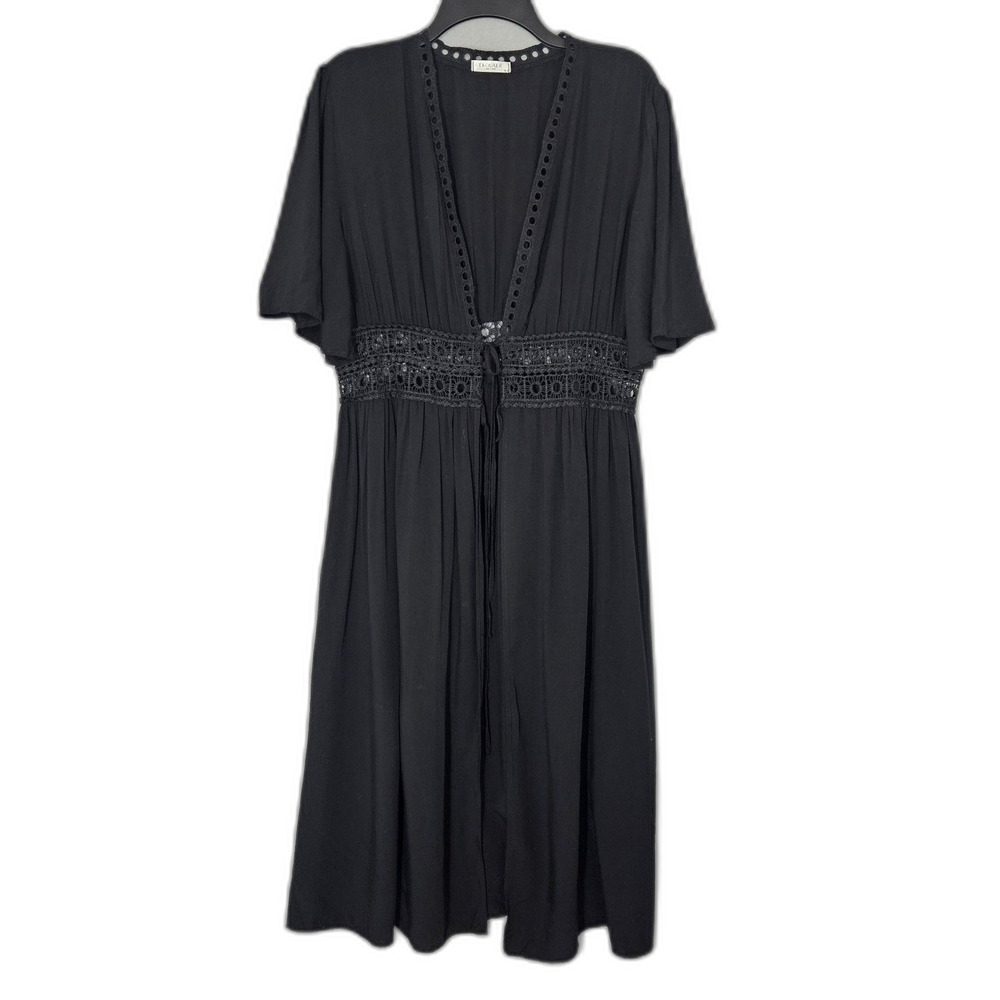 EKOUAER M Lace Goth Kimono tie waist Lingere Robe Swim Cover Ankle Legnth